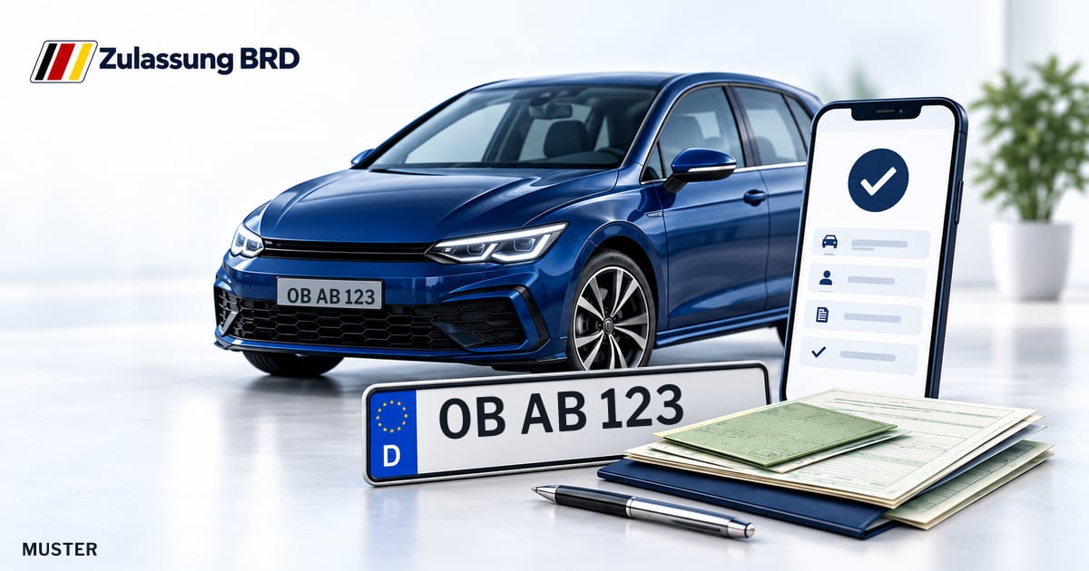 Online Fahrzeugzulassung in Oberhausen: Musterkennzeichen OB AB 123, Auto und Fahrzeugpapiere und Smartphone. Illustration mit Logo von Zulassung BRD.